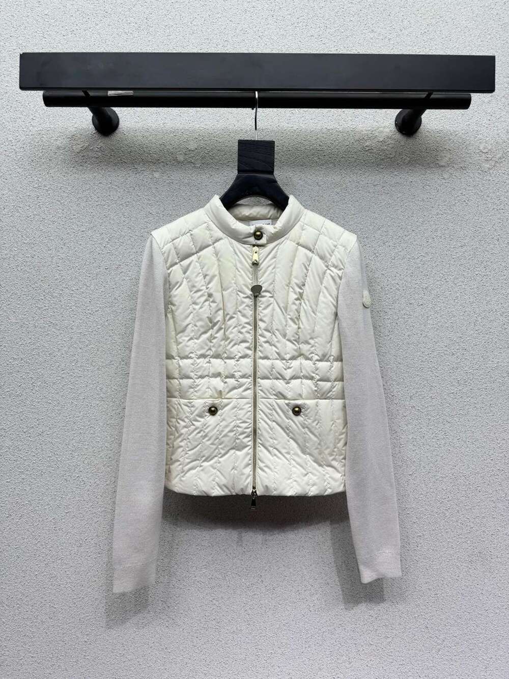 Moncler Cream Wool‑Knit Sleeve Light Down Jacket